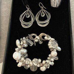 Lovely Silpada Sterling Pearl Bracelet-Sterling Ring and Matching Earrings